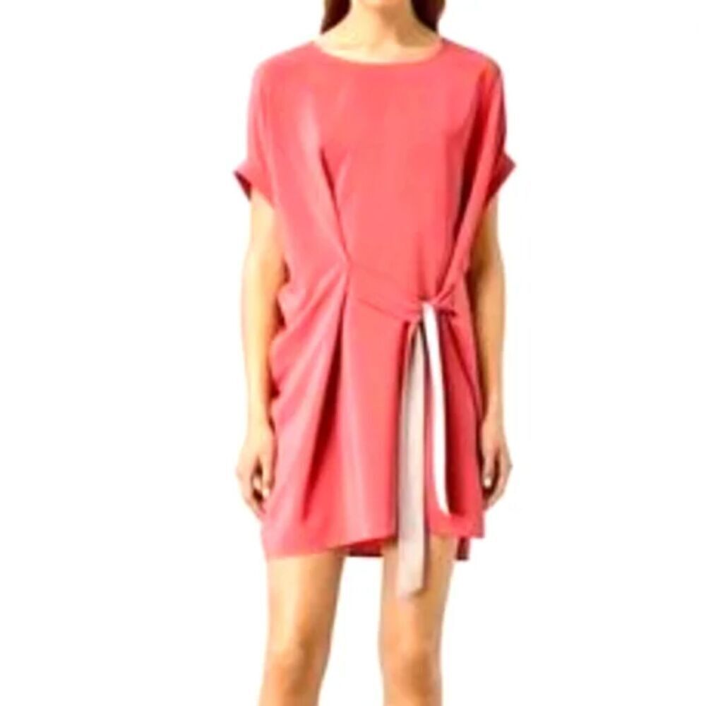 All Saints Silk Sonny Dress in Salmon and Cream Short Sleeve Belt Size 2